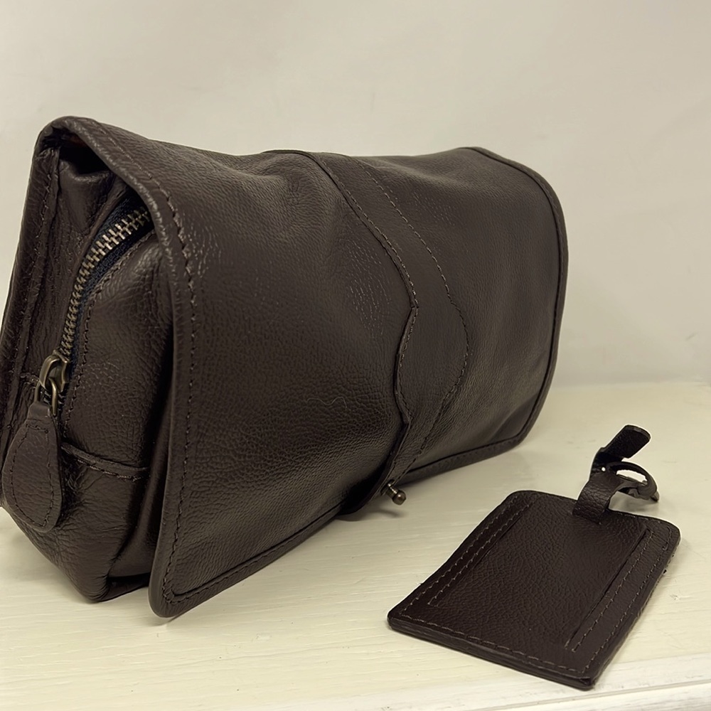 Dark Brown Leather Clutch Dopp Toiletry Bag with Travel Tag